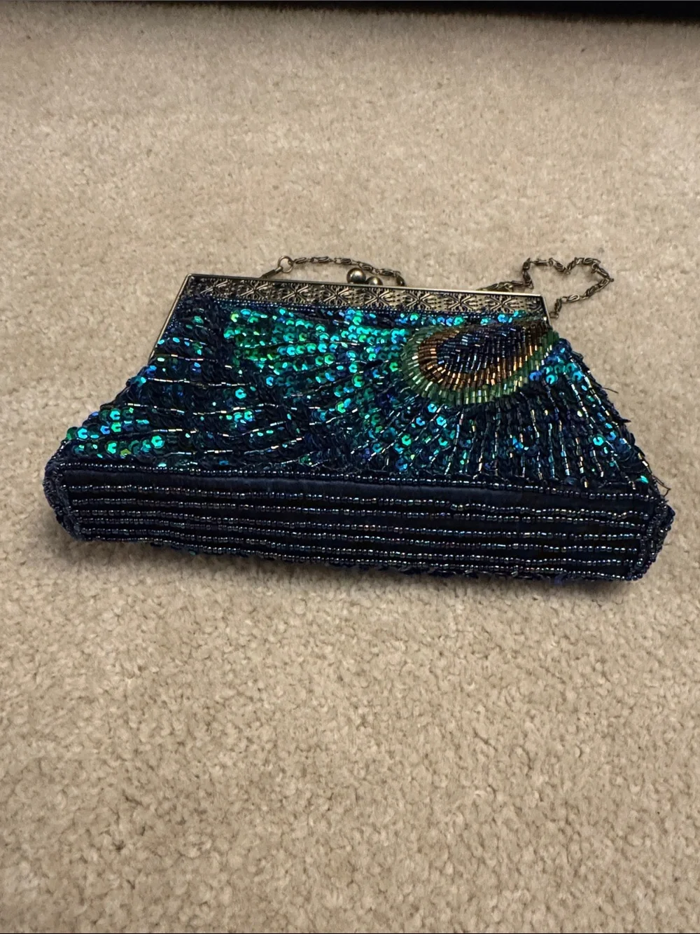 Beaded Peacock Sequin Evening Clutch - Teal